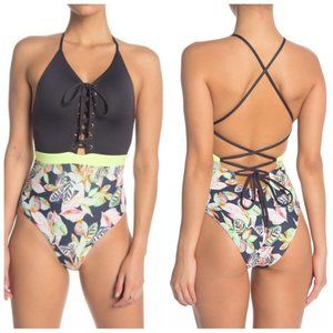 NEW Maaji SMALL Lime Light One Piece Swimsuit Reversible Floral Tropical Lace Up